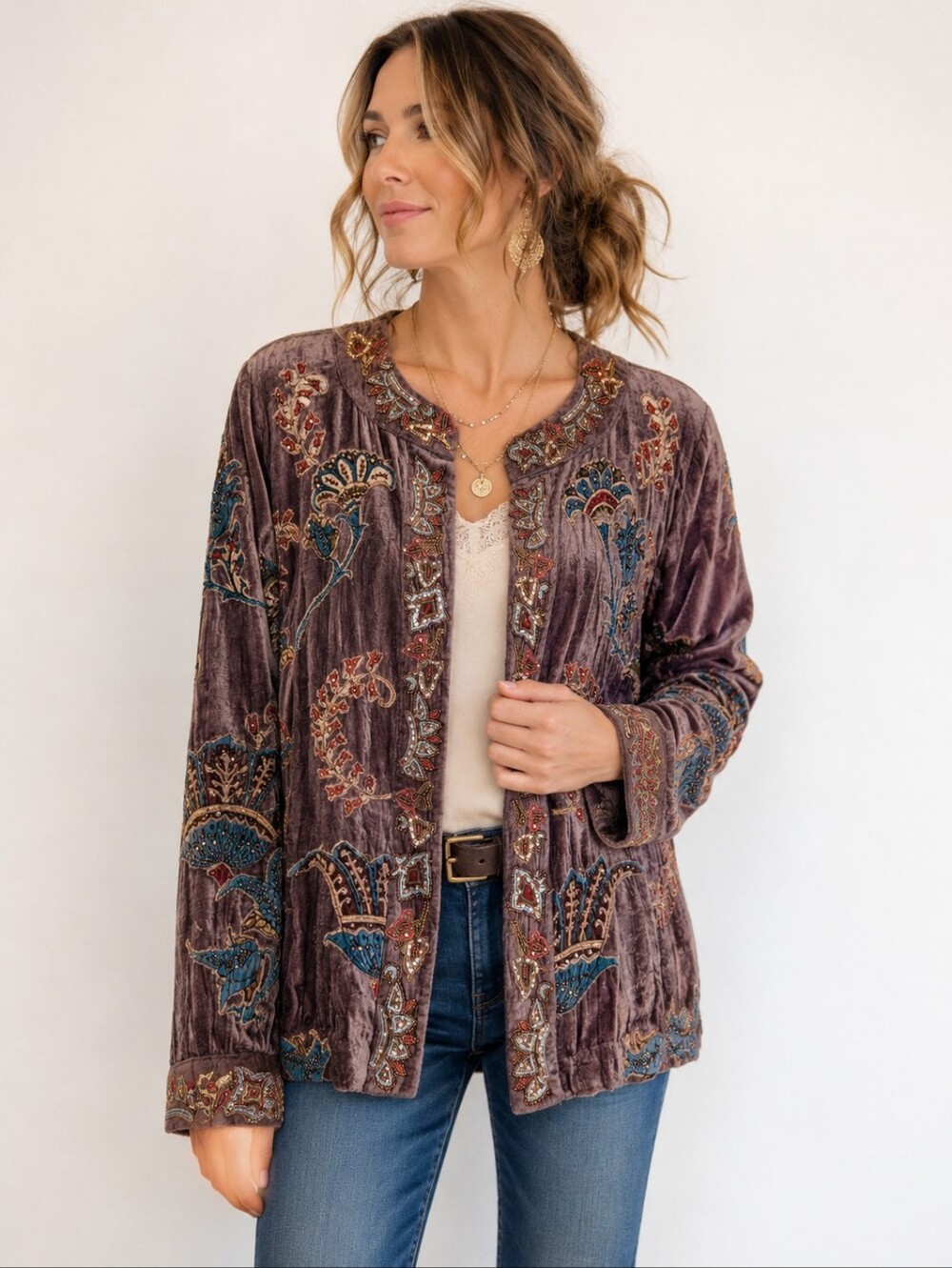Chico’s Embroidered Beaded Velvet Jacket Size M Boho Art-to-Wear Floral Silk